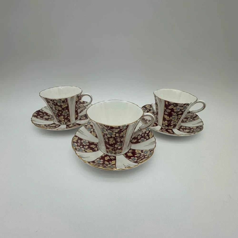 Royal Albert Brocade Art Deco Panel Shape Teacups and Saucers Set of 3 Burgundy